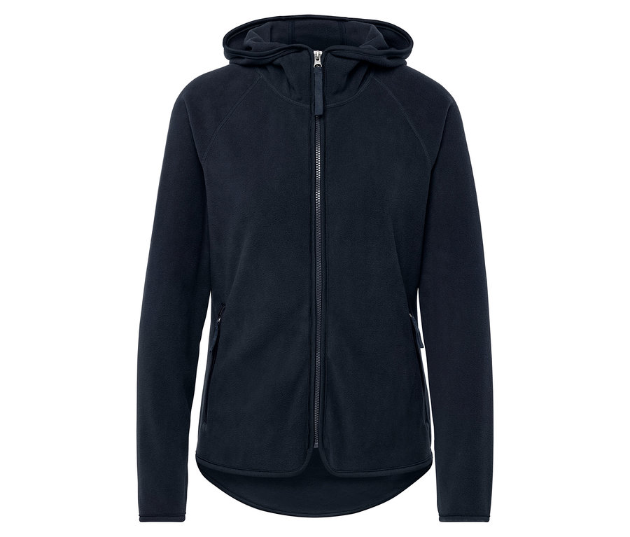 Sötétkék, cipzáras, kapucnis polár pulóver.