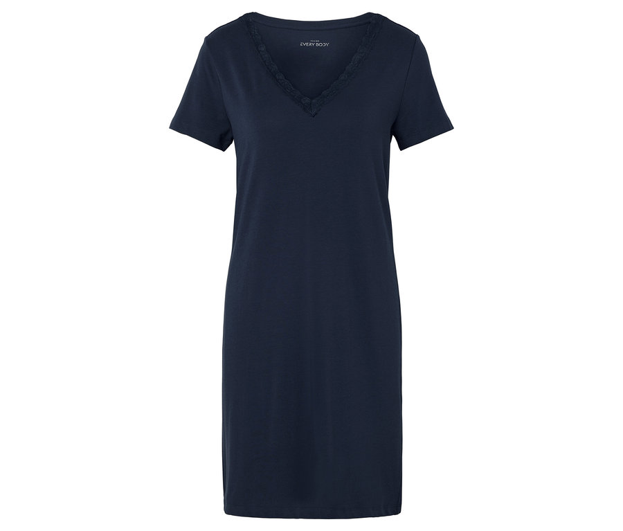 Sötétkék, V-nyakú, rövid ujjú hálóing csipkével díszítve.