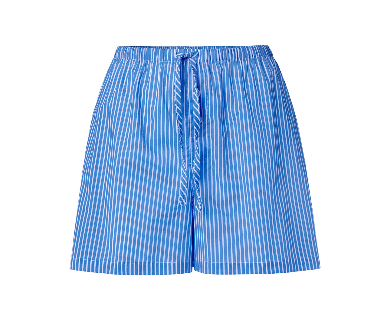 Kék szövött rövidnadrág fehér csíkokkal és húzózsinórral a derékrészen.