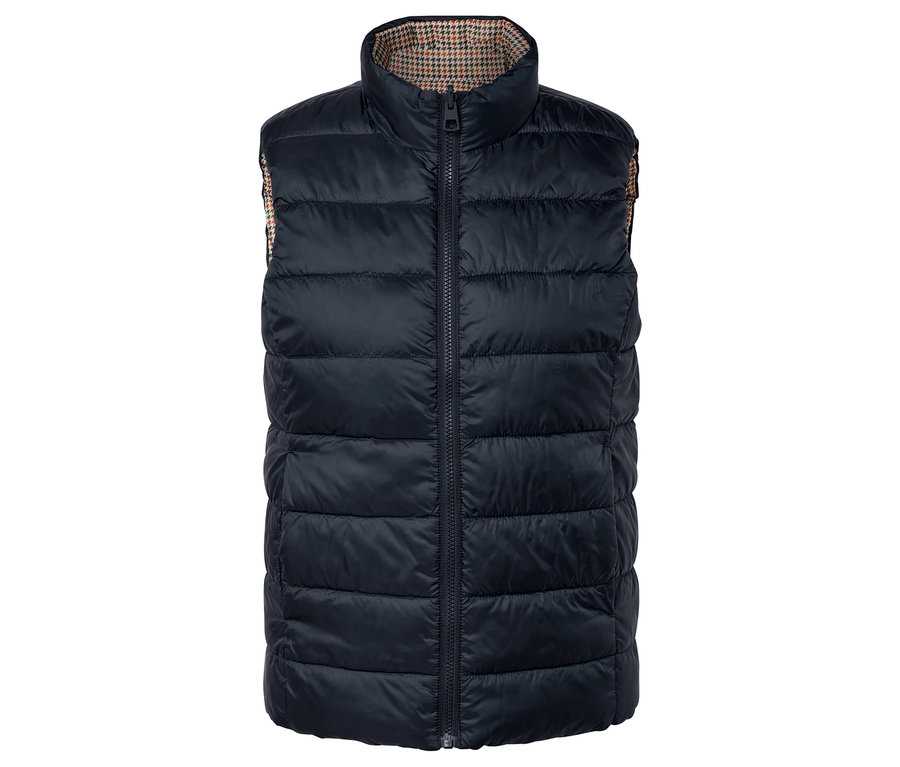 Fekete, steppelt mellény kockás béléssel.