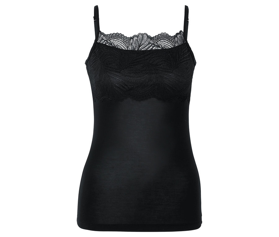 Fekete trikó csipkével a tetején és vékony pántokkal.