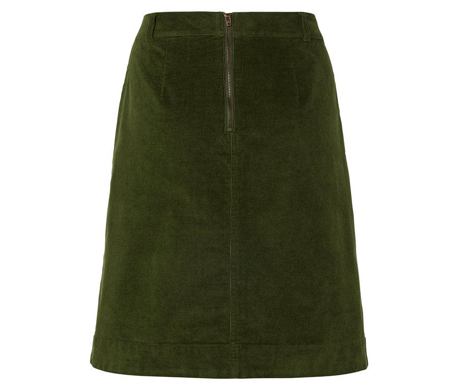 Egy zöld színű, hátul cipzáras kordbársony szoknya részletfotója.