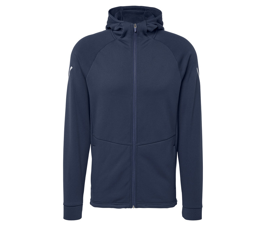 Sötétkék termodzseki kapucnival és teljes cipzárral.