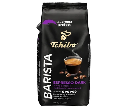 Fekete BARISTA Espresso Dark kávé csomagolás egy csésze eszpresszó képével.
