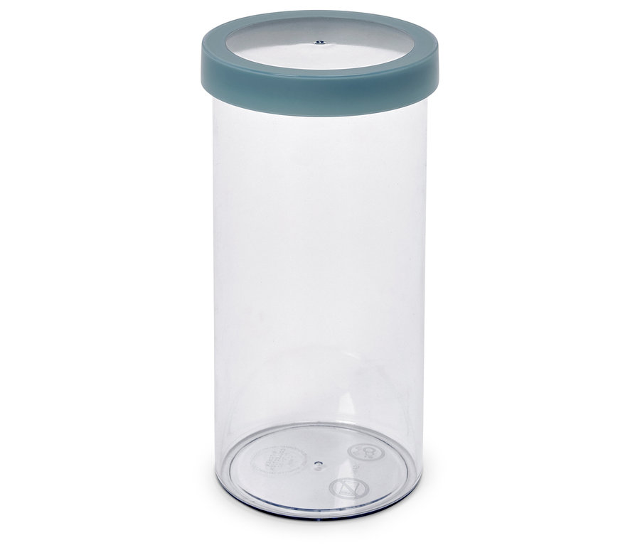 Üres, átlátszó műanyag tartály kékesszürke fedővel.