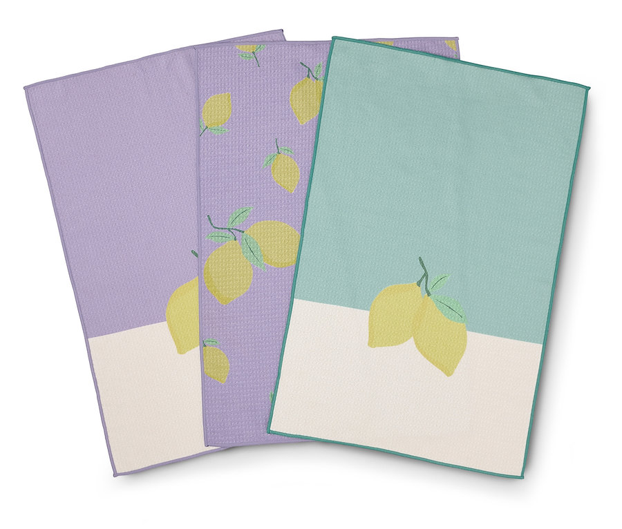 Három citrom mintás konyharuha levendula, lila és türkiz színekben.