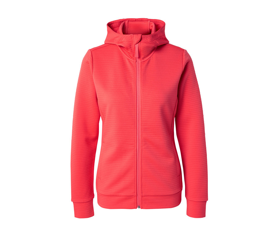 Egy piros, cipzáras kapucnis felső.