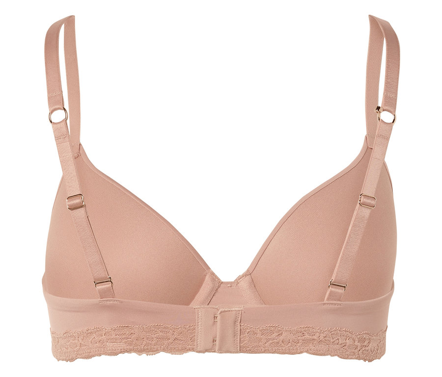 Hátulnézet egy bézs színű melltartóról, állítható pántokkal és csipkés szegéllyel a mell alatt.