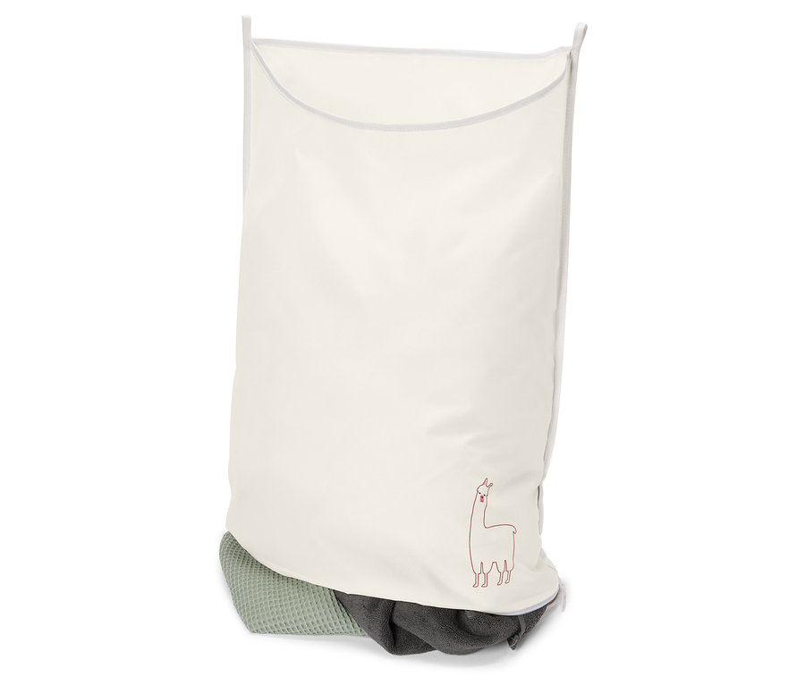 Textil szennyeskosár fehér színben, piros láma körvonallal és szennyessel belül.