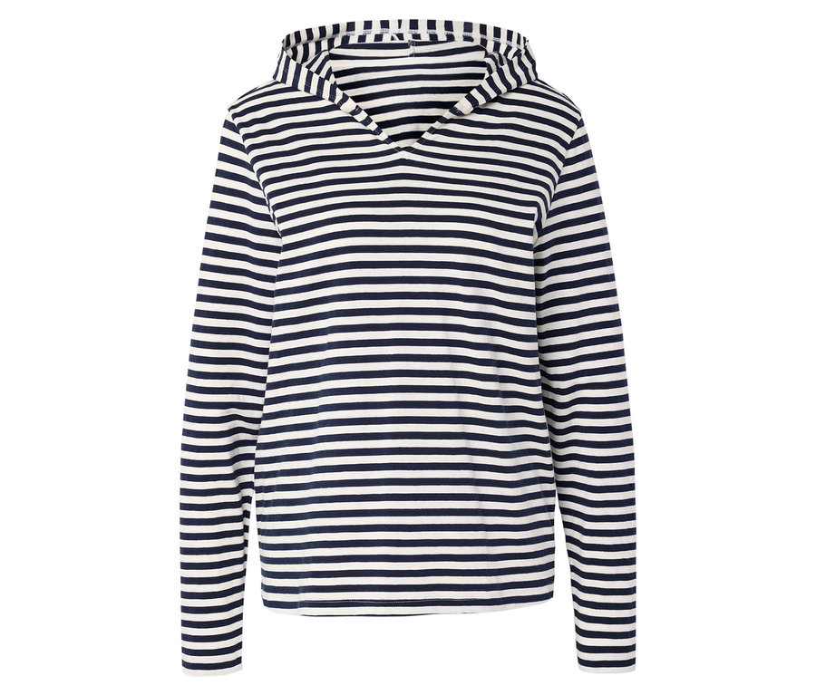Tengerészkék és fehér csíkos jersey kapucnis felső.