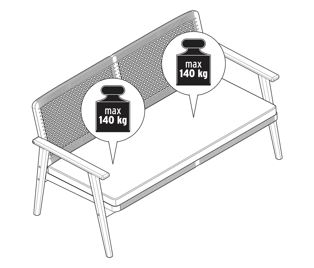 Ábra egy kerti kanapéról, maximális terhelhetősége 140 kg.