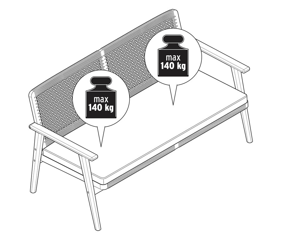Ábra egy kerti kanapéról, maximális terhelhetősége 140 kg.