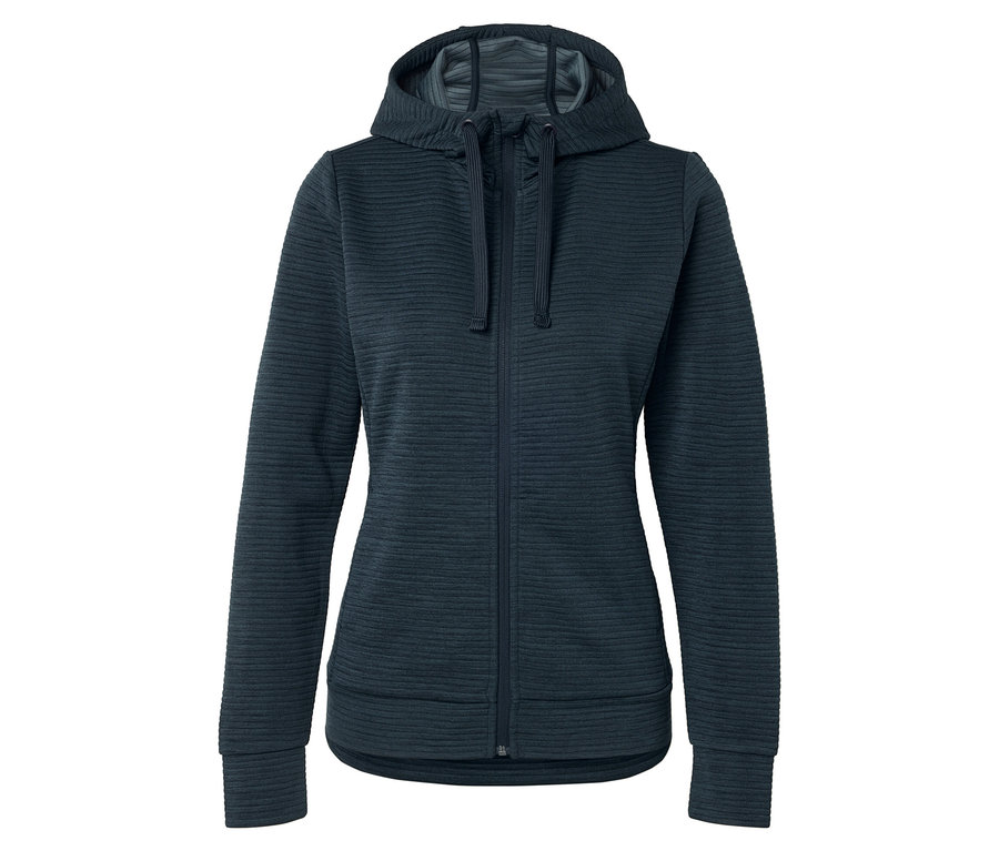 Sötétkék, cipzáros kapucnis pulóver vízszintes bordázattal.