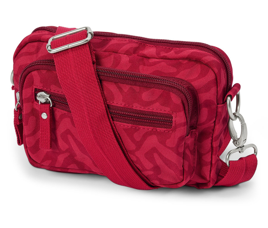 Piros biztonsági oldal- és övtáska cipzárral és állítható pánttal fehér háttér előtt.
