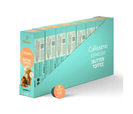 Egy sor Cafissimo Flavoured Espresso - Buttertoffee kapszulacsomag türkiz csomagolásban.