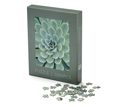 Egy »Sukkulente« puzzle doboza és néhány kirakós darab fekszik egy fehér háttéren.