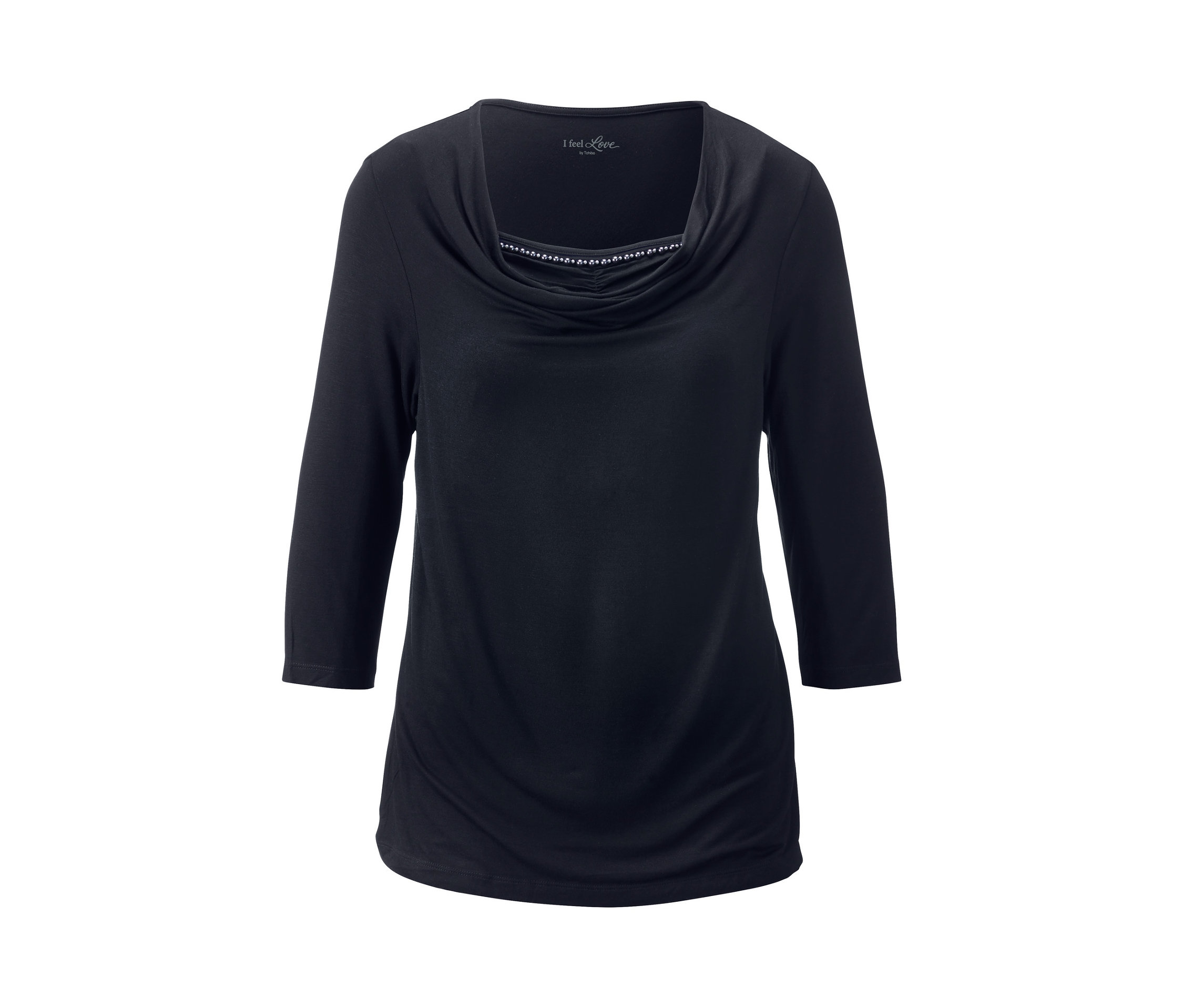 Sötétkék, vízesés nyakú női hosszú ujjú felső.