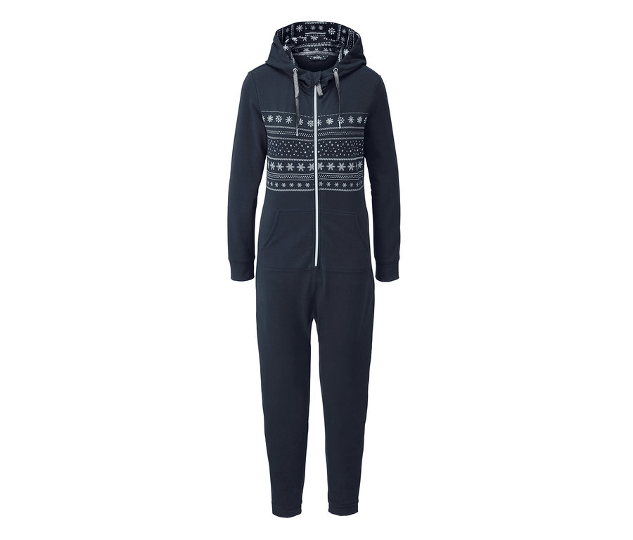 Sötétkék, hópehely mintás, kapucnis Női kezeslábas, sötétkék, hópehely.