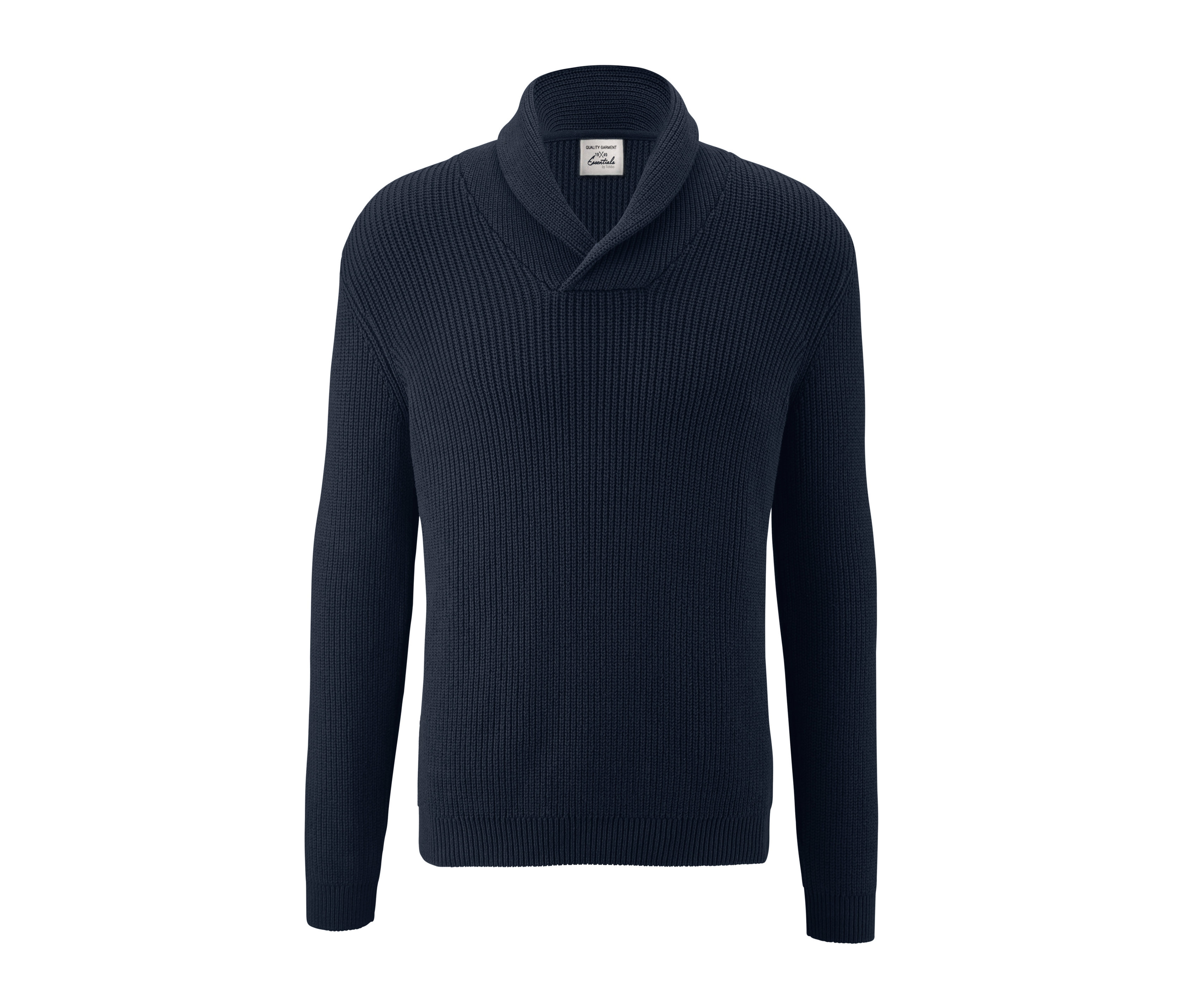 Sötétkék, sálgalléros férfi kötött pulóver.