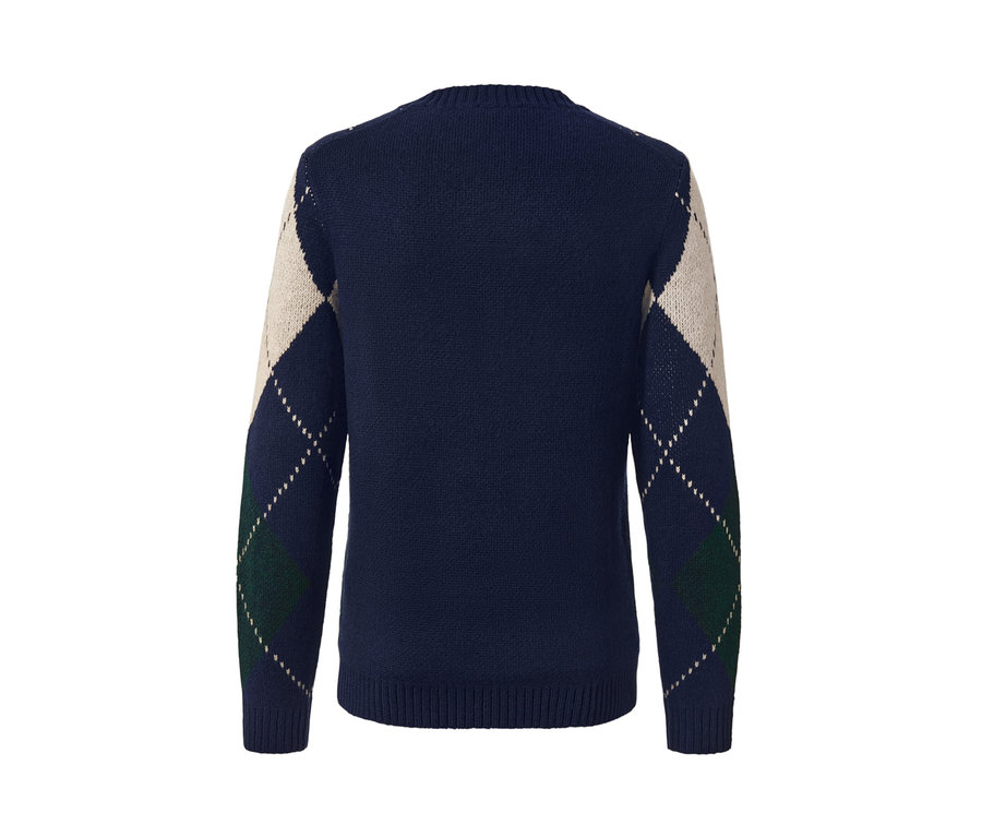 Sötétkék, gyémánt mintás kötött férfi pulóver.
