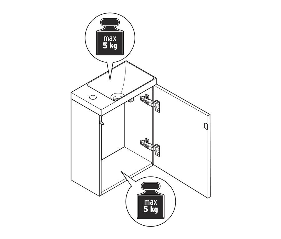Egy kis méretű alsó szekrény mosdóval rajza, nyitott ajtóval, maximum 5 kg-os terhelhetőséggel.