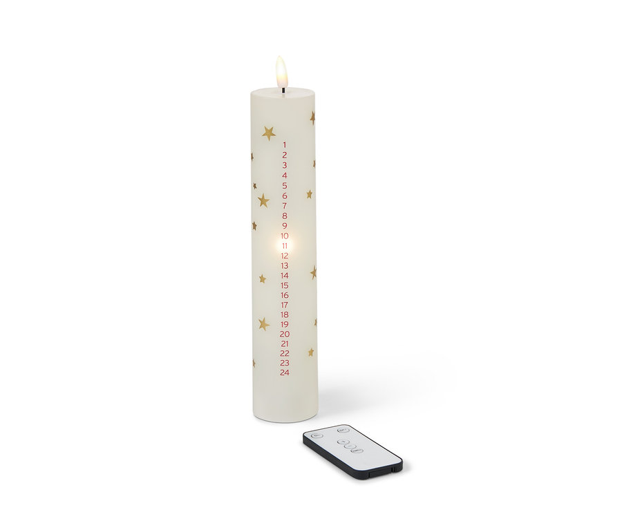 LED-es viaszgyertya adventi naptárral, arany csillagokkal és távirányítóval.