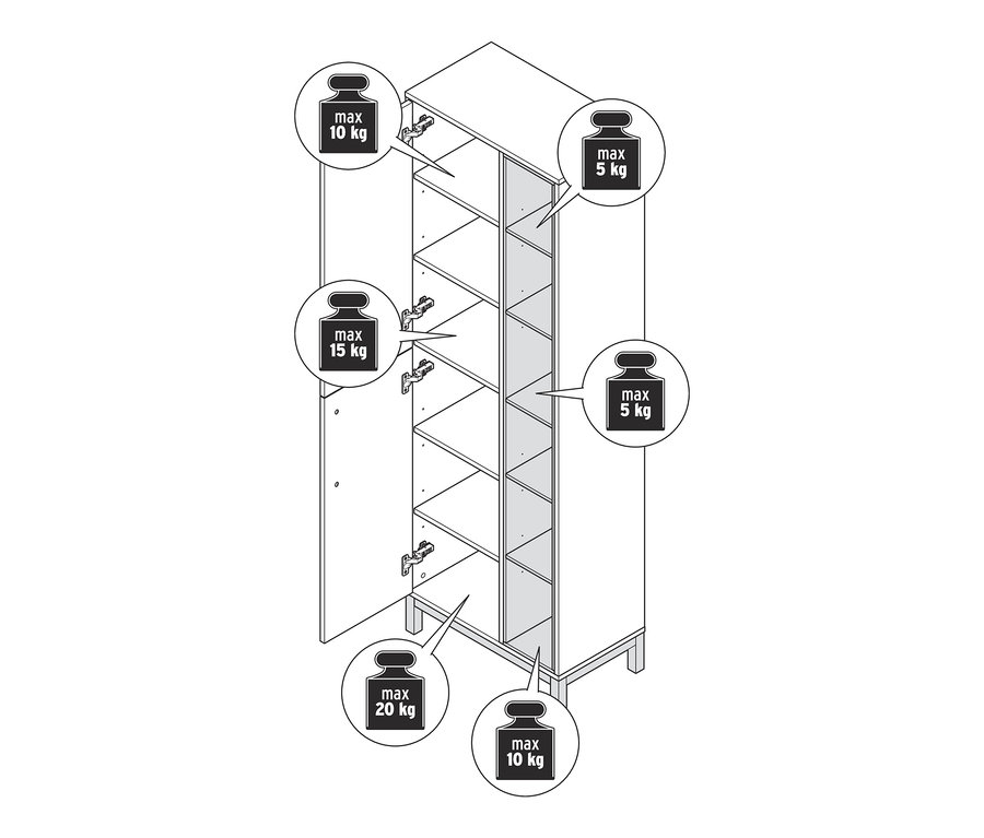 Ábra egy fehér, kétszárnyú fürdőszobai szekrényről nyitott ajtóval és a polcok maximális terhelhetőségének feltüntetésével.