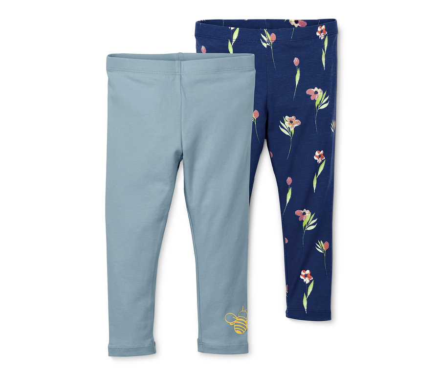 Két leggings: egy világoskék méhecske mintával, a másik sötétkék virágmintával.