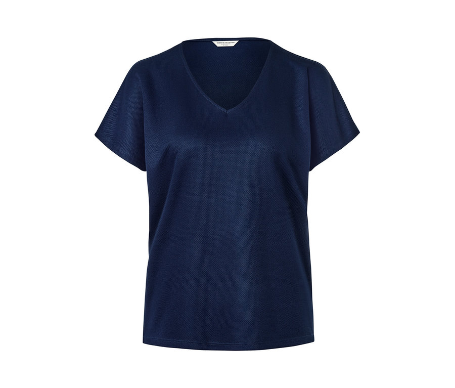 Sötétkék, strukturált rövid ujjú, V-nyakú felső.