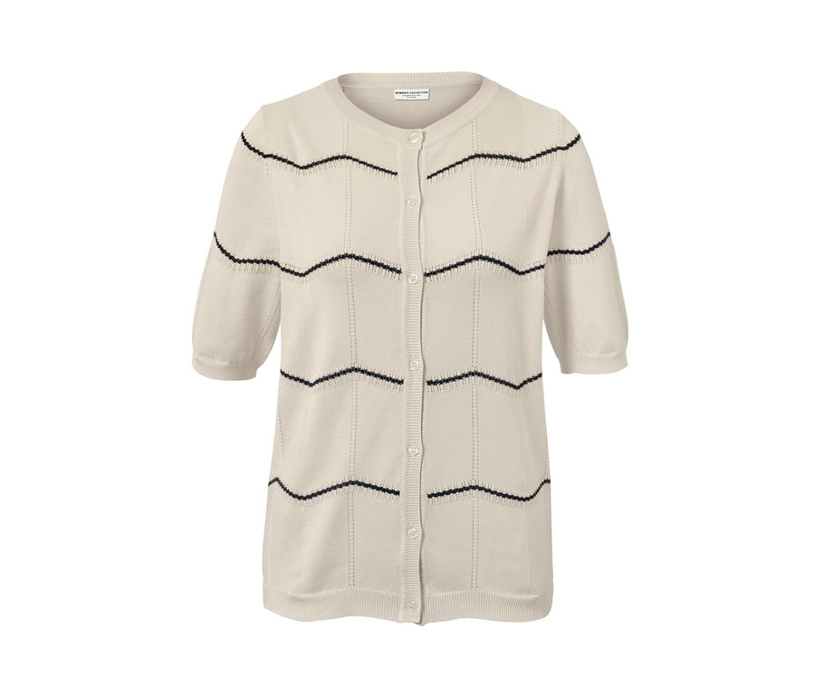 Egy bézs színű, azsúrmintás finomkötésű kardigán.