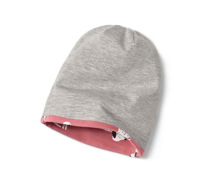 Rózsaszín-szürke kifordítható gyereksapka.