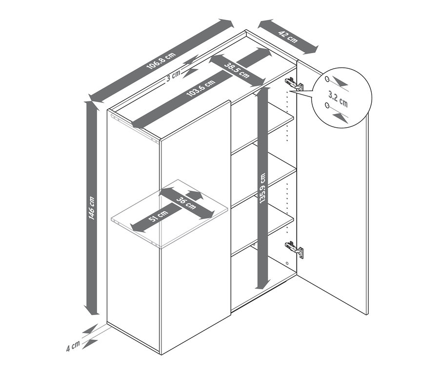 A szekrény méretei nyilakkal vannak jelölve.