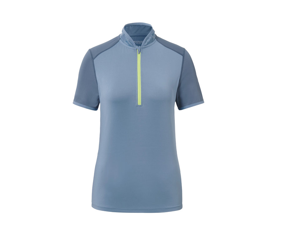 Kék rövid ujjú kerékpáros póló sárga cipzárral.