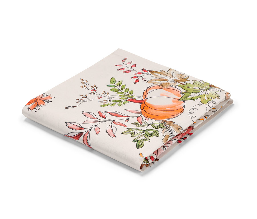 Összehajtott asztalterítő, kb. 90 x 90 cm, tök és levél mintával.