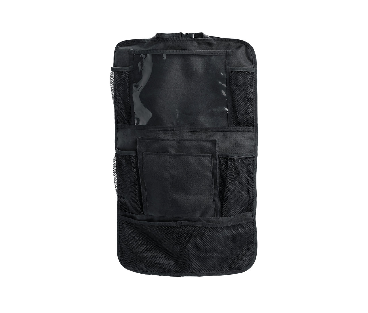 Fekete hátsó ülésrendszerező, különböző méretű zsebekkel.