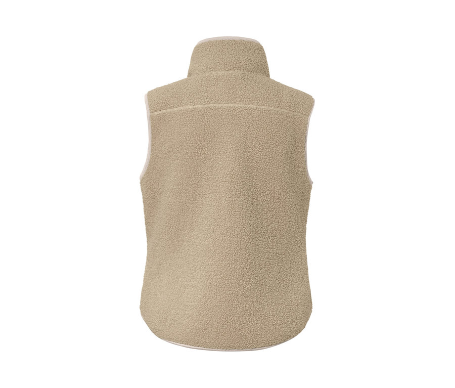 Egy bézs női plüss mellény hátulnézete.