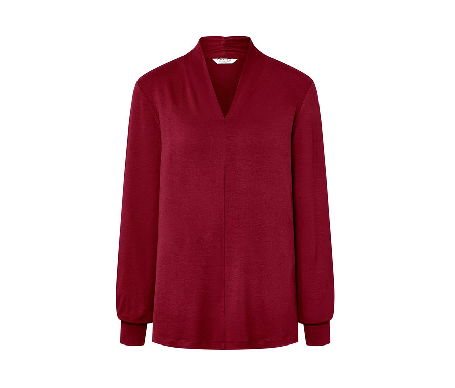 Bordó, hosszú ujjú, V-nyakú felső.