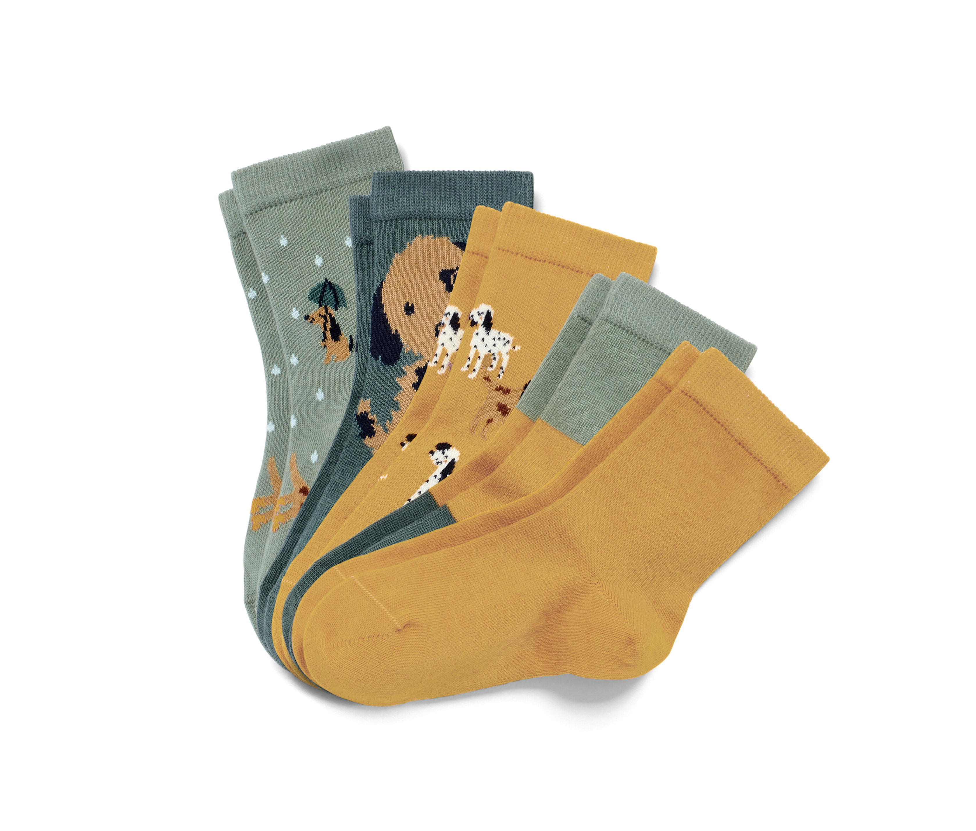 Közelkép öt pár zöld/sárga gyerekzokniról.