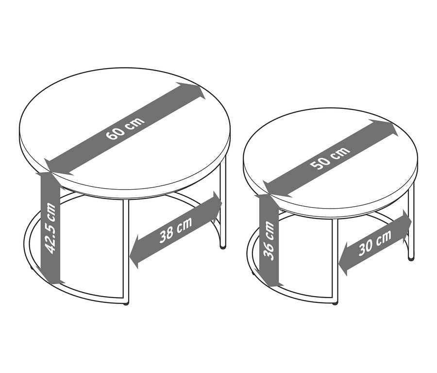 Két dohányzóasztal kerek cementlappal és méretjelölésekkel.