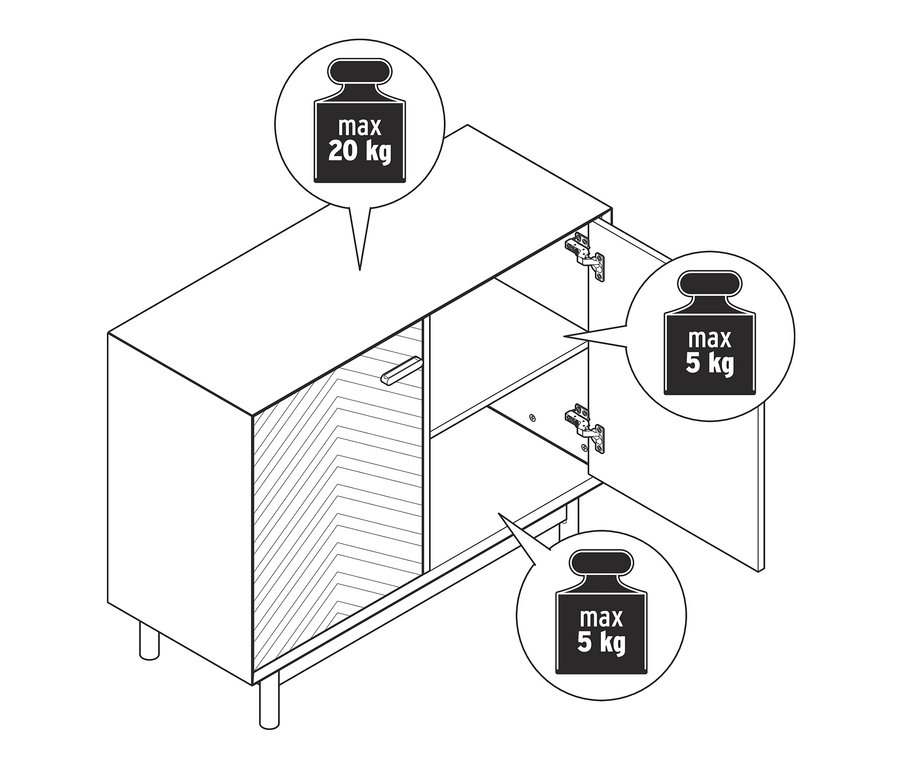 Fekete-fehér illusztráció egy kőris komódról dekoratív ajtófrontokkal, nyitott ajtóval és a maximális terhelhetőségre vonatkozó felirattal.