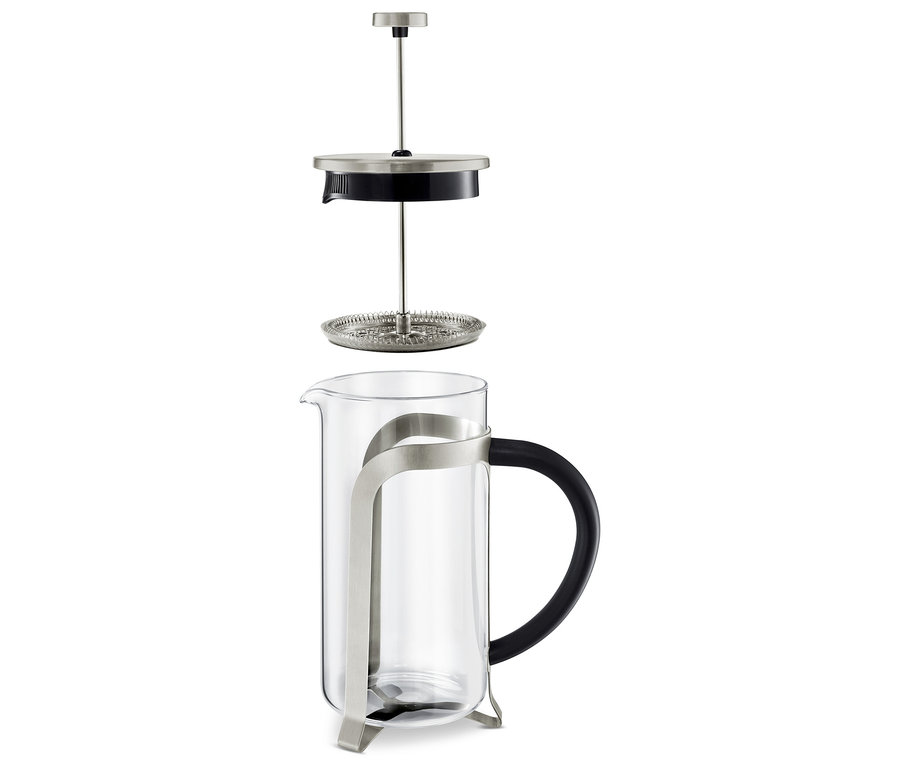 Egy szétszerelt, ezüst színű, 800 ml-es, 6 csészés dugattyús kávéfőző.