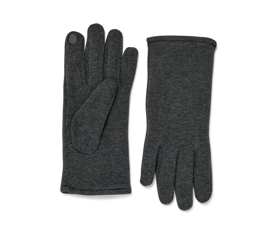 Két sötétszürke, melírozott női kesztyű fekszik egymás mellett.