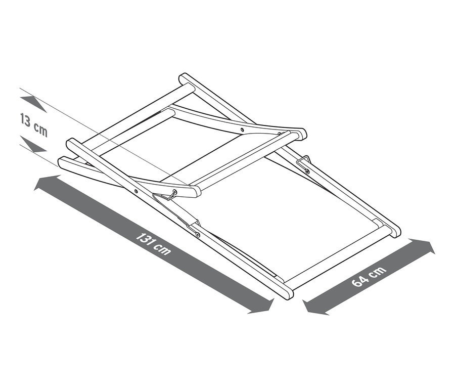 Egy összecsukható relaxációs fotel illusztrációja 131 cm hosszúsággal és 64 cm szélességgel.