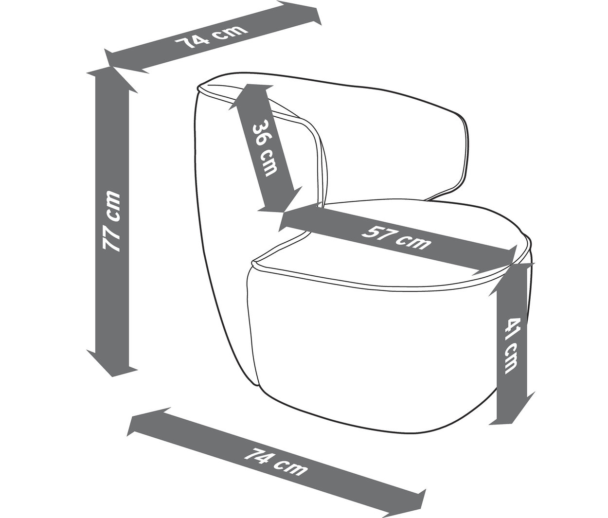 A forgatható fotel méreteit nyilak jelzik.