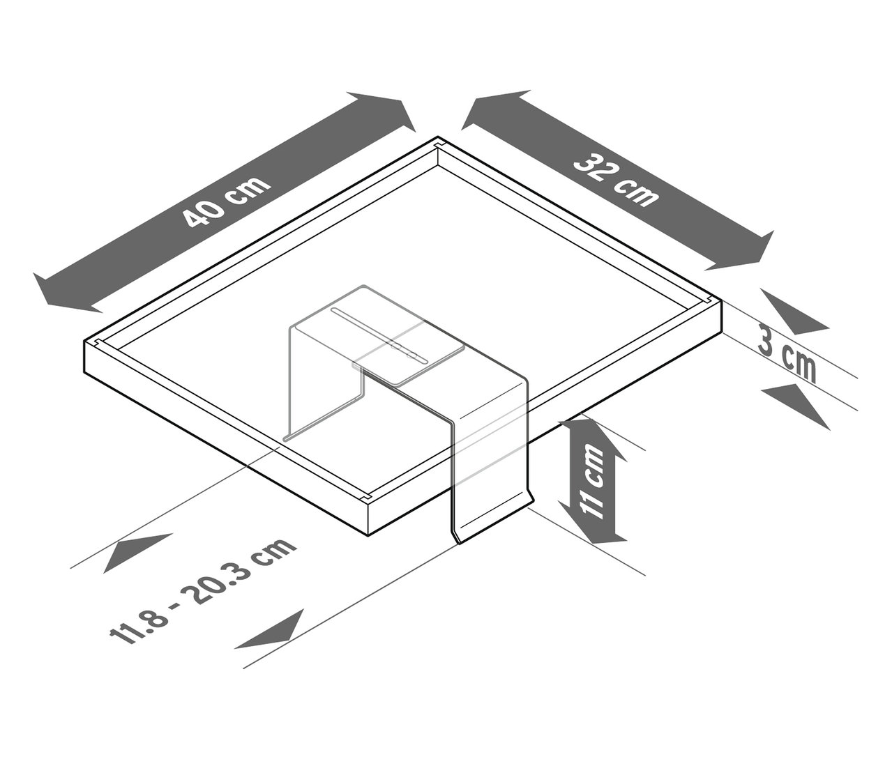 A diagram egy 40 cm x 32 cm-es négyzet alakú alátétet mutat egy kivágással és jelölt méretekkel.
