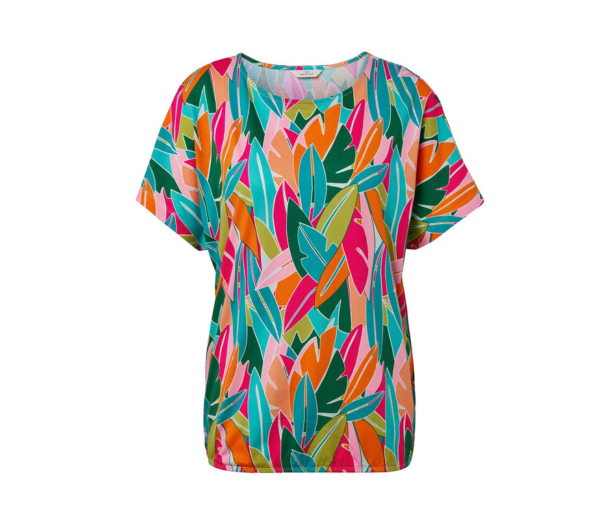 Ejtett vállú pólóblúz, zöld, rózsaszín, narancssárga és kék levelekkel.