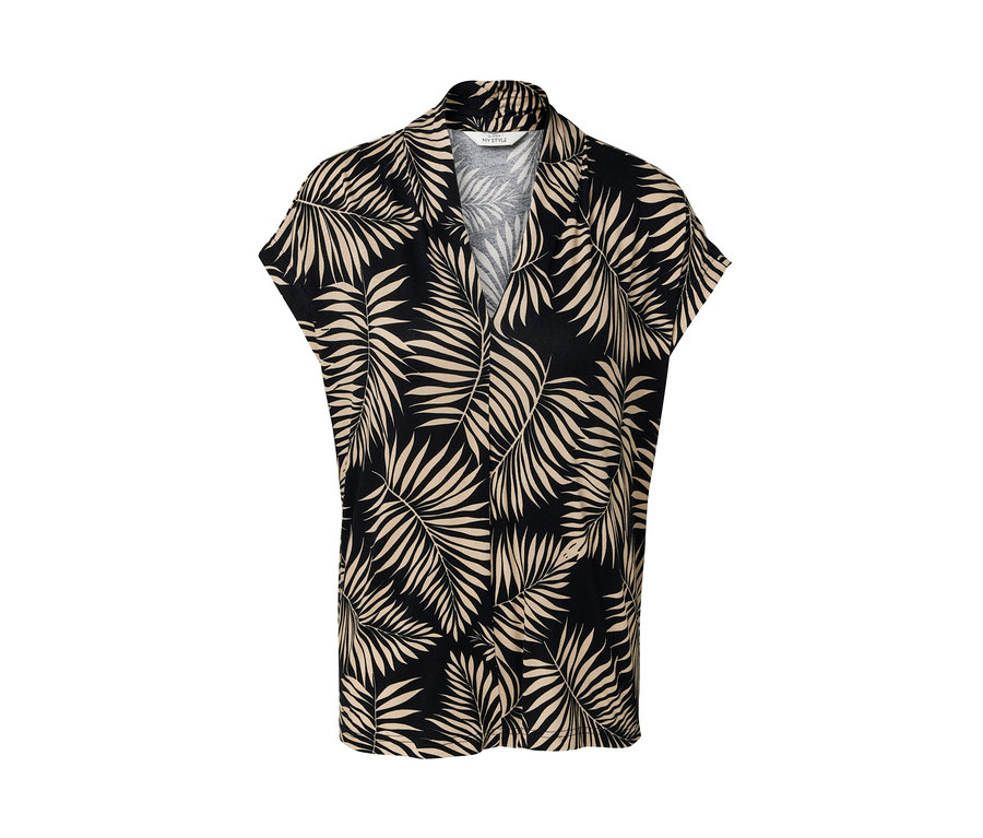 Nyomott mintás pólóblúz V-nyakkivágással, levél mintával.