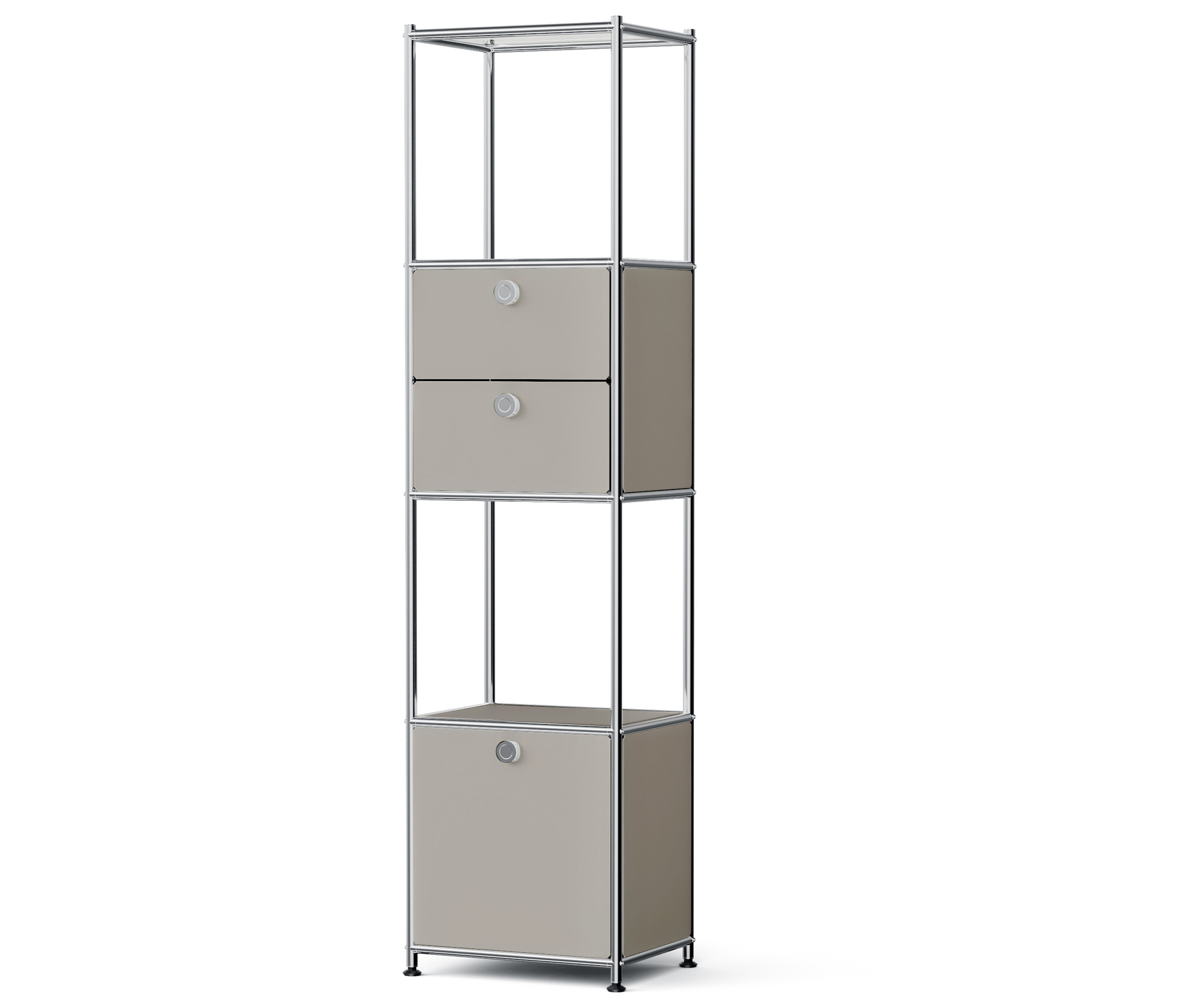 Keskeny polc fémvázzal és három bézs dobozzal.