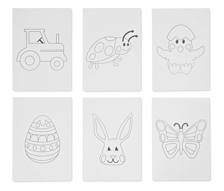 Hat színező oldal egy traktort, egy katicabogarat, egy csibét, egy húsvéti tojást, egy nyulat és egy pillangót ábrázol.