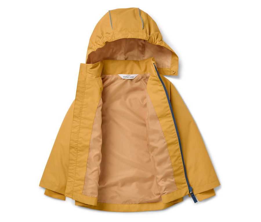 Egy nyitott, sárga, kapucnis kabát kék cipzárral.
